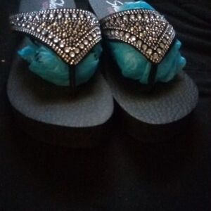 Skechers Black and Blue Sandals with Silver Accents